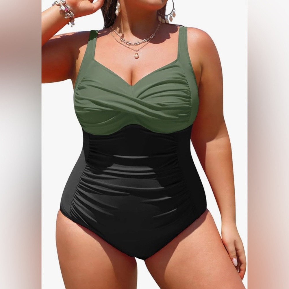 Yonique One Piece Swimsuit Tummy Control Twist Front Ruched, size 20W, New - Picture 2 of 8